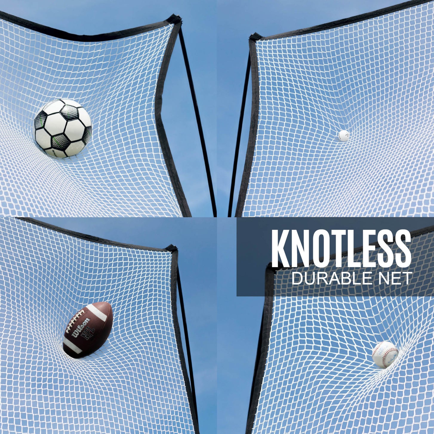 Four MEGA NET 12x9' net close-ups catching a football, an American football and two smaller balls, with the text "Knotless durable net".
