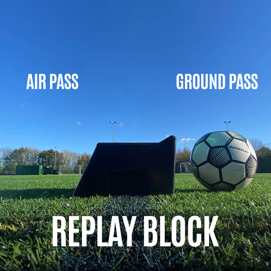 REPLAY Block side view on artificial grass next to a QUICKPLAY ball, with the text "Air pass" and "Ground pass".