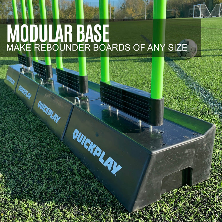 Row of REPLAY Blocks joined end to end holding green poles, with the text "Modular base, make rebounder boards of any size".