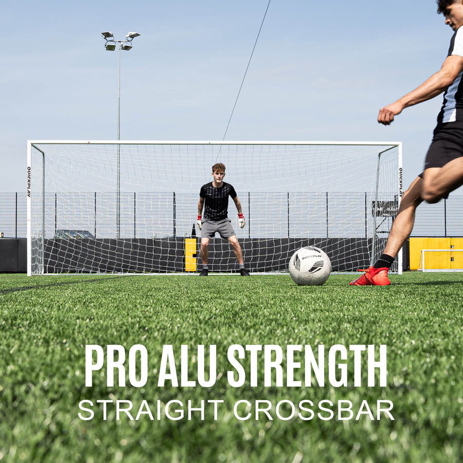 Two people playing football on a field with 'Pro Alu Strength Straight Crossbar' text.