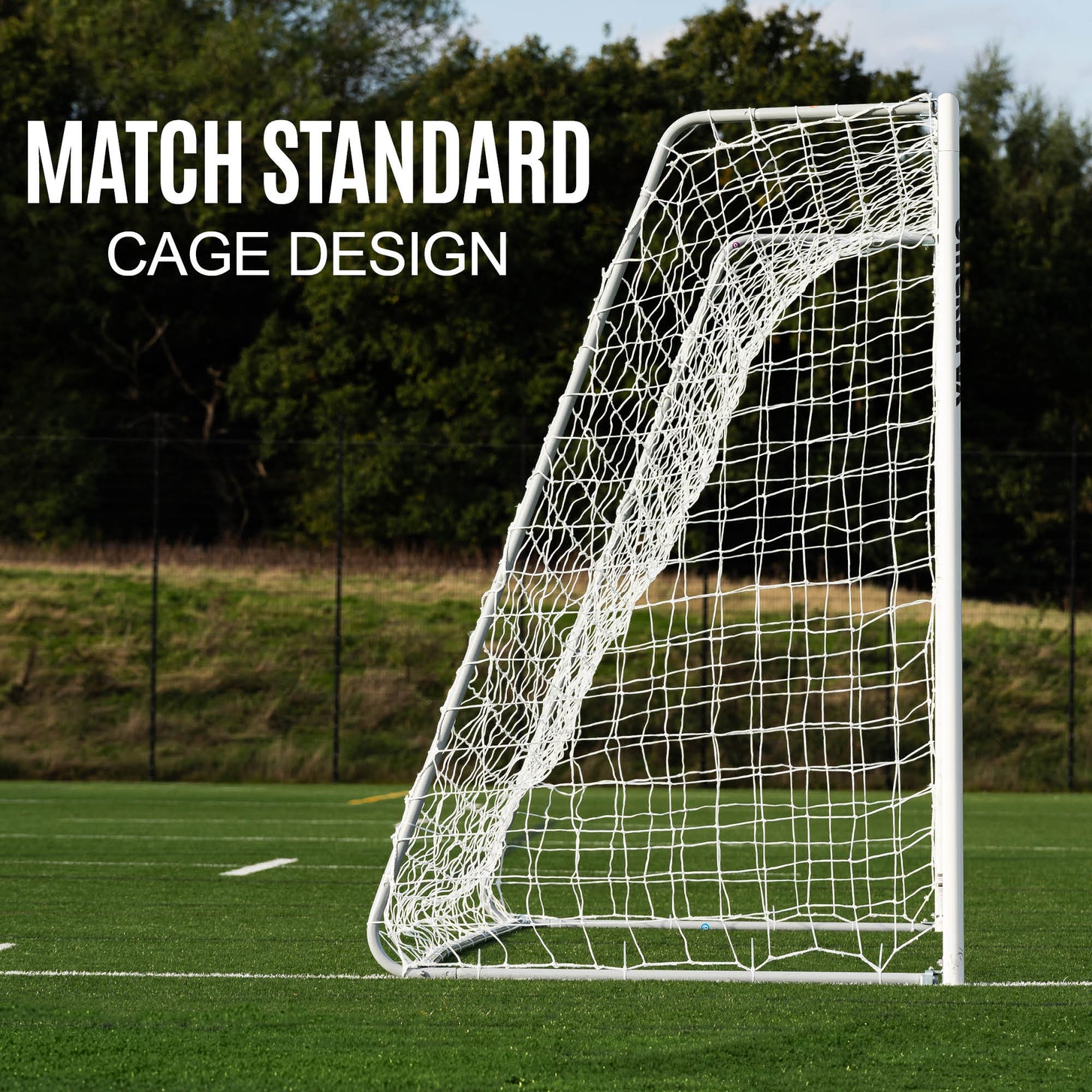 PRO ALU Match60 Futsal Goal 3x2m seen side on, showing the shape of the net, with the text "Match standard cage design".