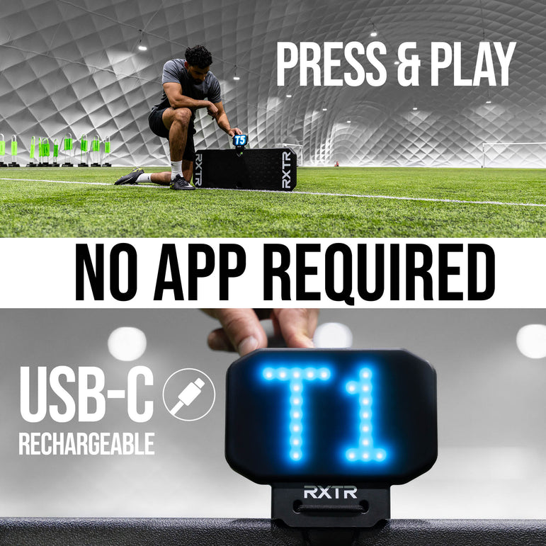 Person kneeling on a soccer field with a device labeled 'RXTR' and text about press & play functionality, no app required, USB-C rechargeable, and T1 model.