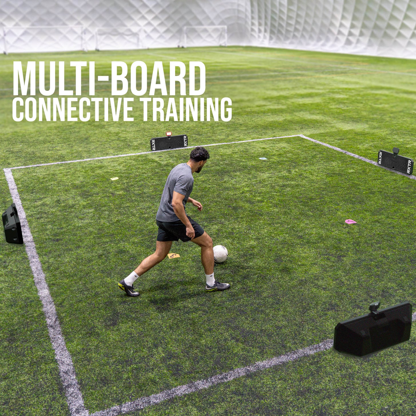 Person practicing football drills on a grass field with 'Multi-Board Connective Training' text.