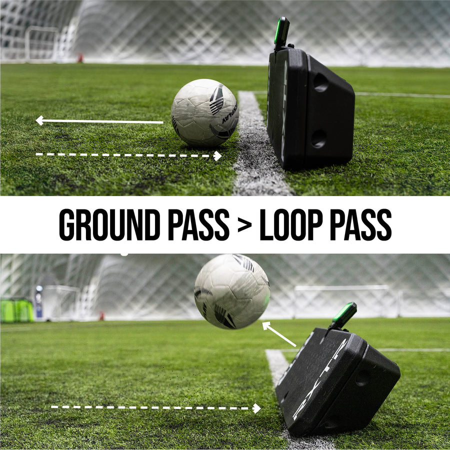 football and rebounder on a football pitch with text indicating 'Ground Pass > Loop Pass'.