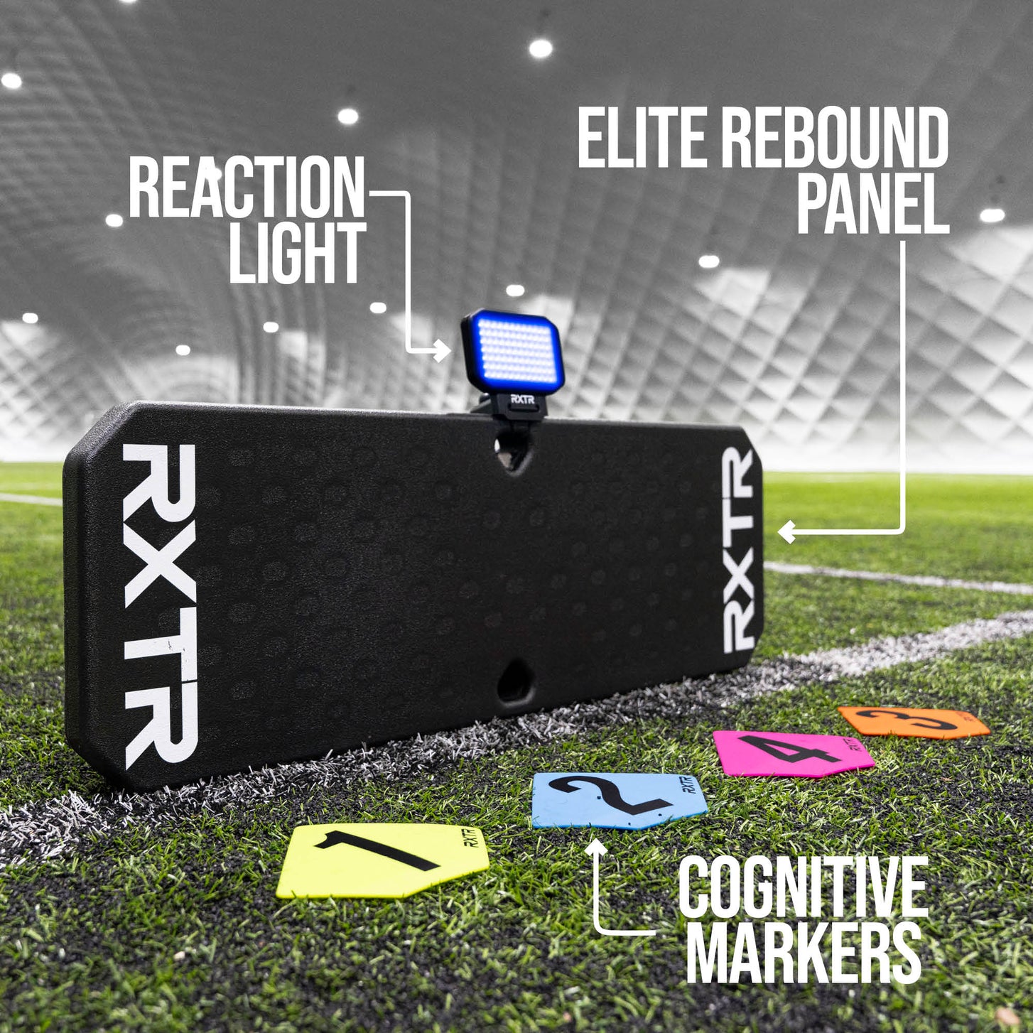 Black football rebound board with labeled components on a sports field