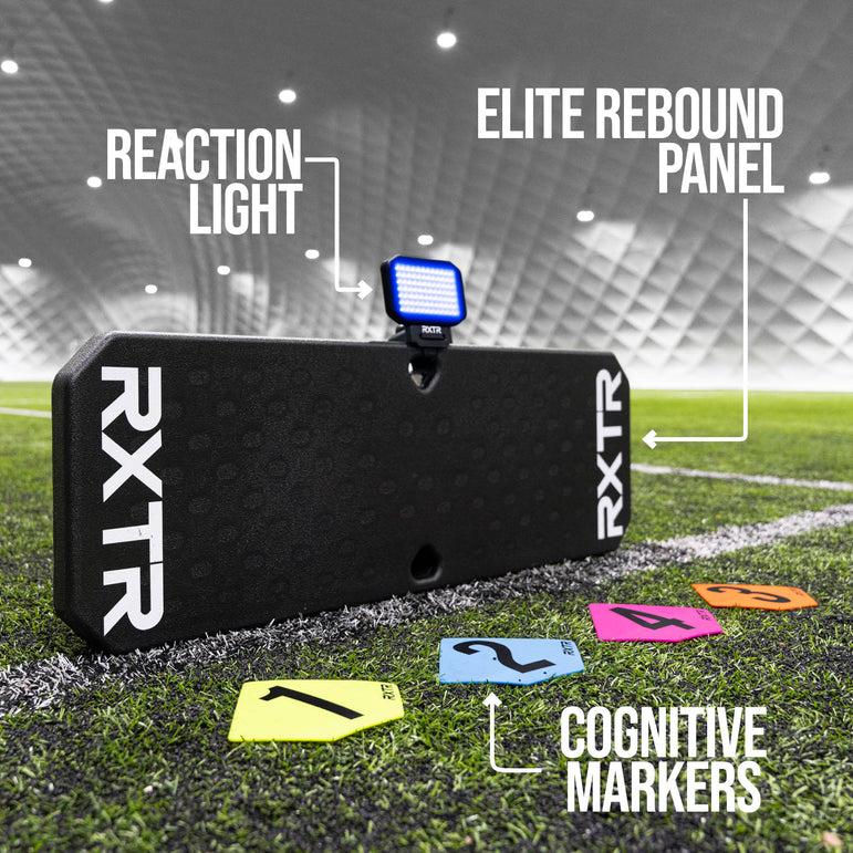 Black soccer rebound board with labeled components on a sports field