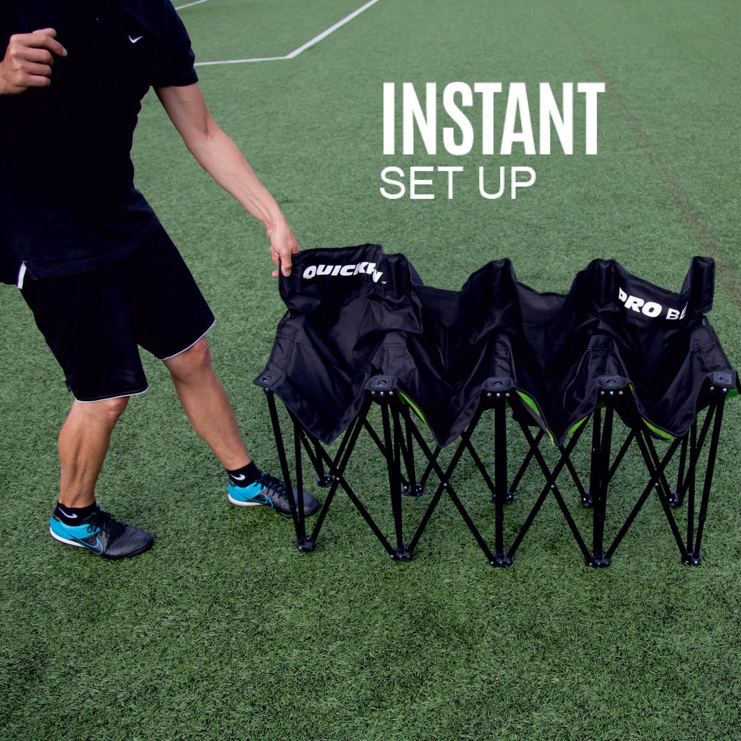 PRO Bench being pulled open by a man on an artificial pitch.