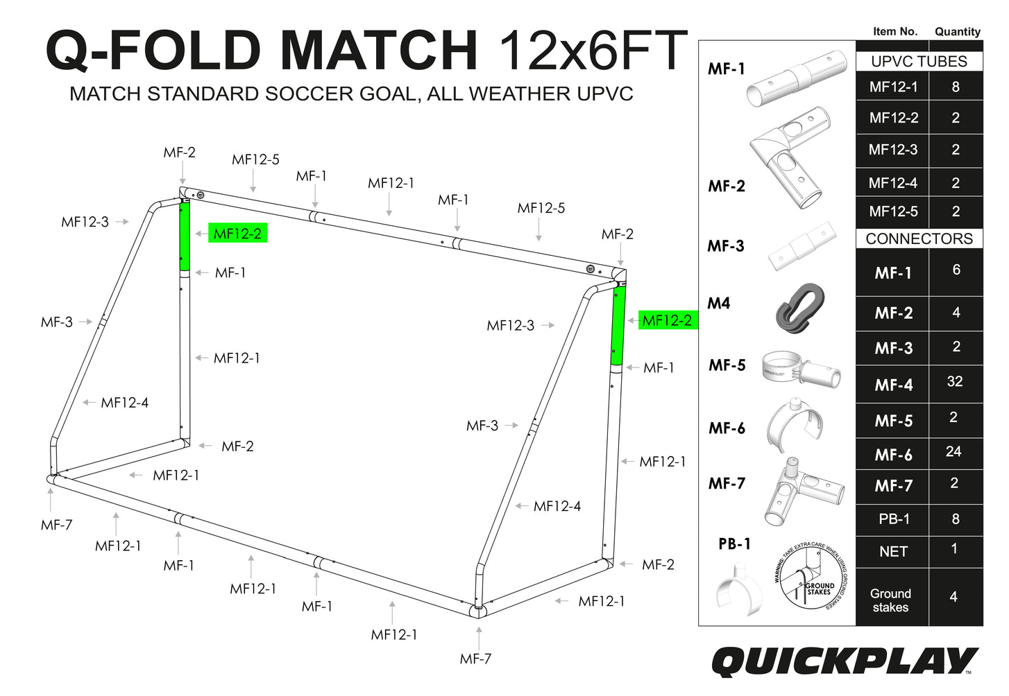 Q-FOLD MATCH 12x6' parts diagram with the two MF12-2 tubes highlighted in green.