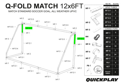 Q-FOLD MATCH 12x6' parts diagram with the two MF12-2 tubes highlighted in green.
