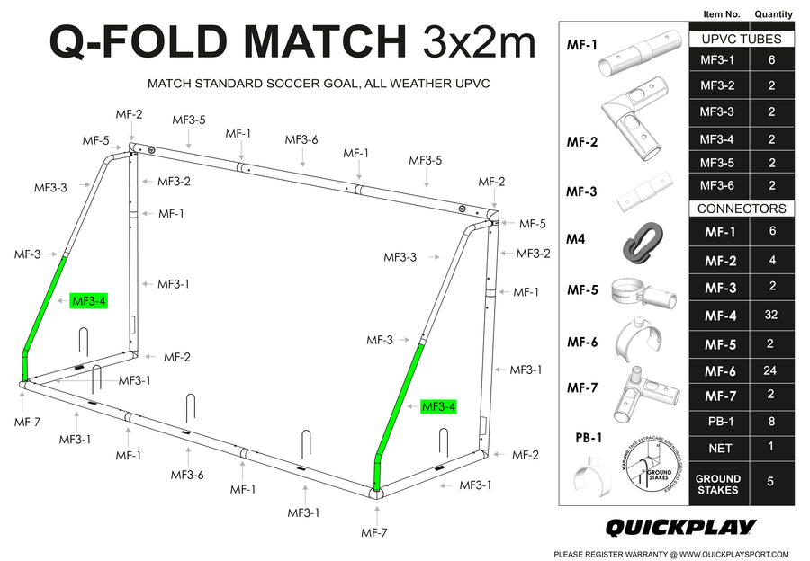 Q-FOLD Match 3x2m parts diagram with tube MF3-4 highlighted in green on the lower back frame on both sides.