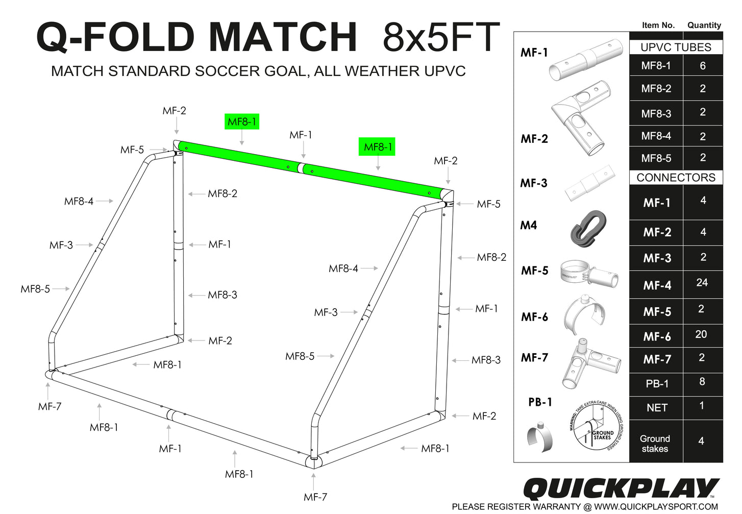 Q-FOLD Match 8x5' parts diagram with tube MF8-1 highlighted in green along the crossbar.