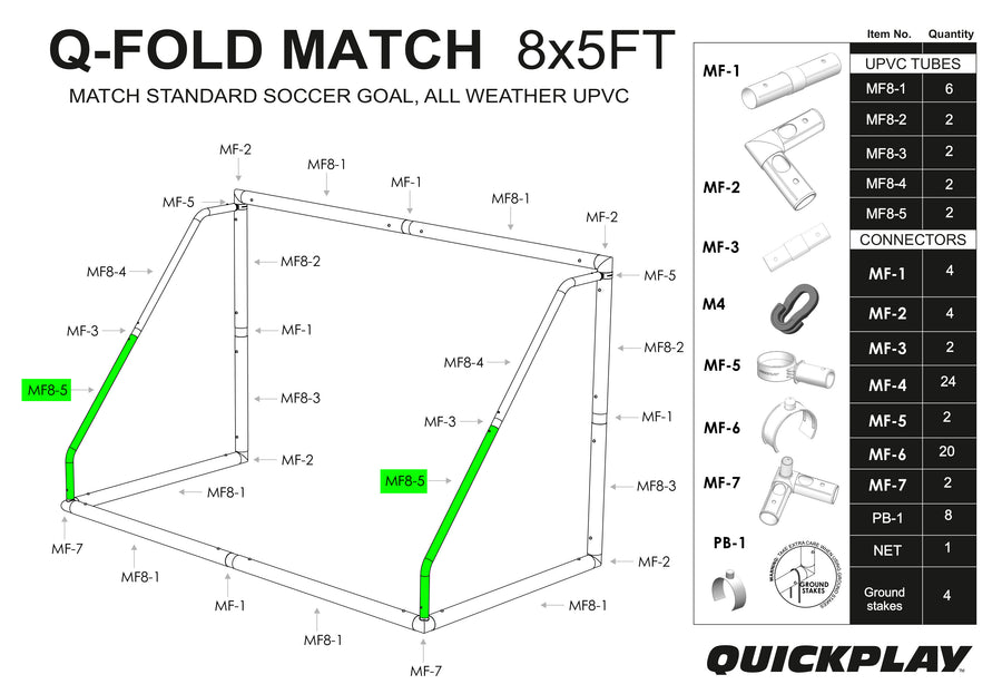 Q-FOLD Match 8x5' parts diagram with tube MF8-5 highlighted in green on the lower back frame on both sides.
