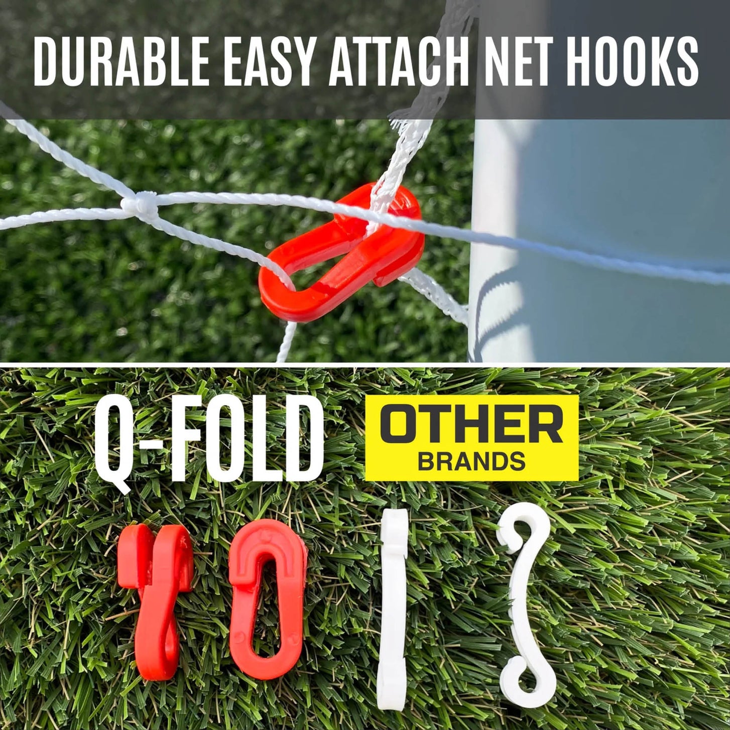 Durable easy attach net hooks with Q-Fold branding on grass background