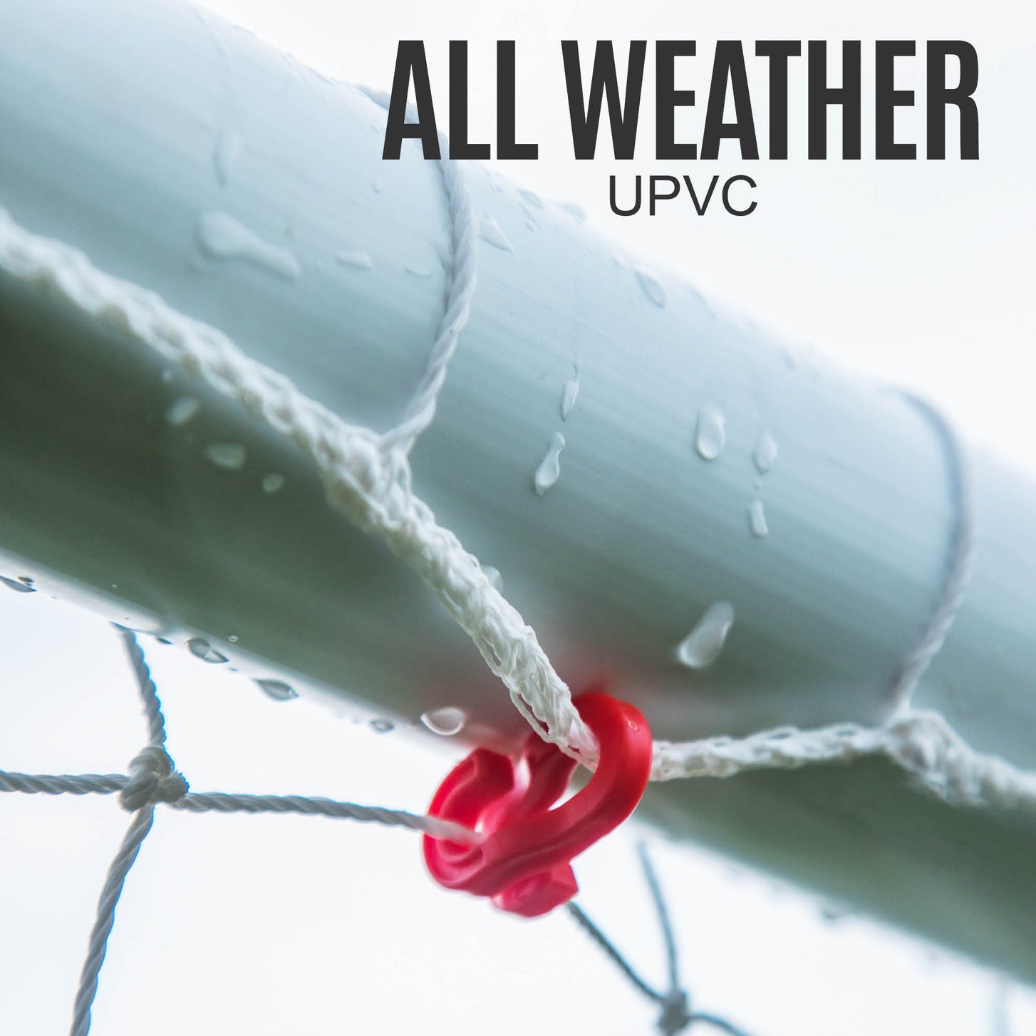 Close-up of the Q-FOLD Mini 3x2.5' white crossbar in the rain with a red net clip, with the text "All weather uPVC".