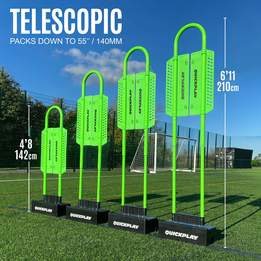 Four REPLAY Defender mannequins set at rising heights from 4'7 (142cm) to 6'11 (210cm), with the text "Telescopic".