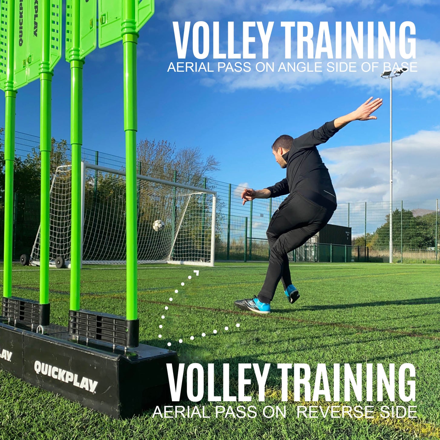 Player volleying a ball back off the black base of a REPLAY Defender wall towards a goal, with the text "Volley training".