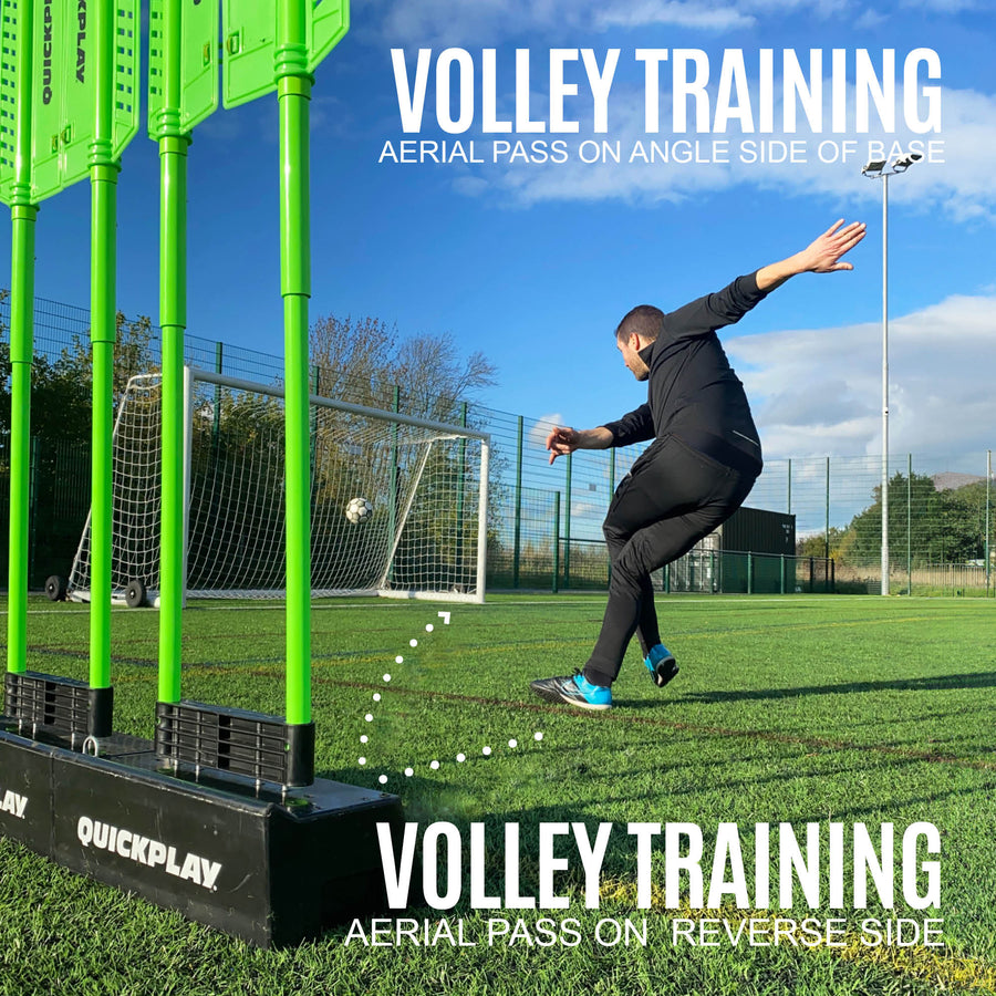 Player volleying a ball back off the black base of a REPLAY Defender wall towards a goal, with the text "Volley training".