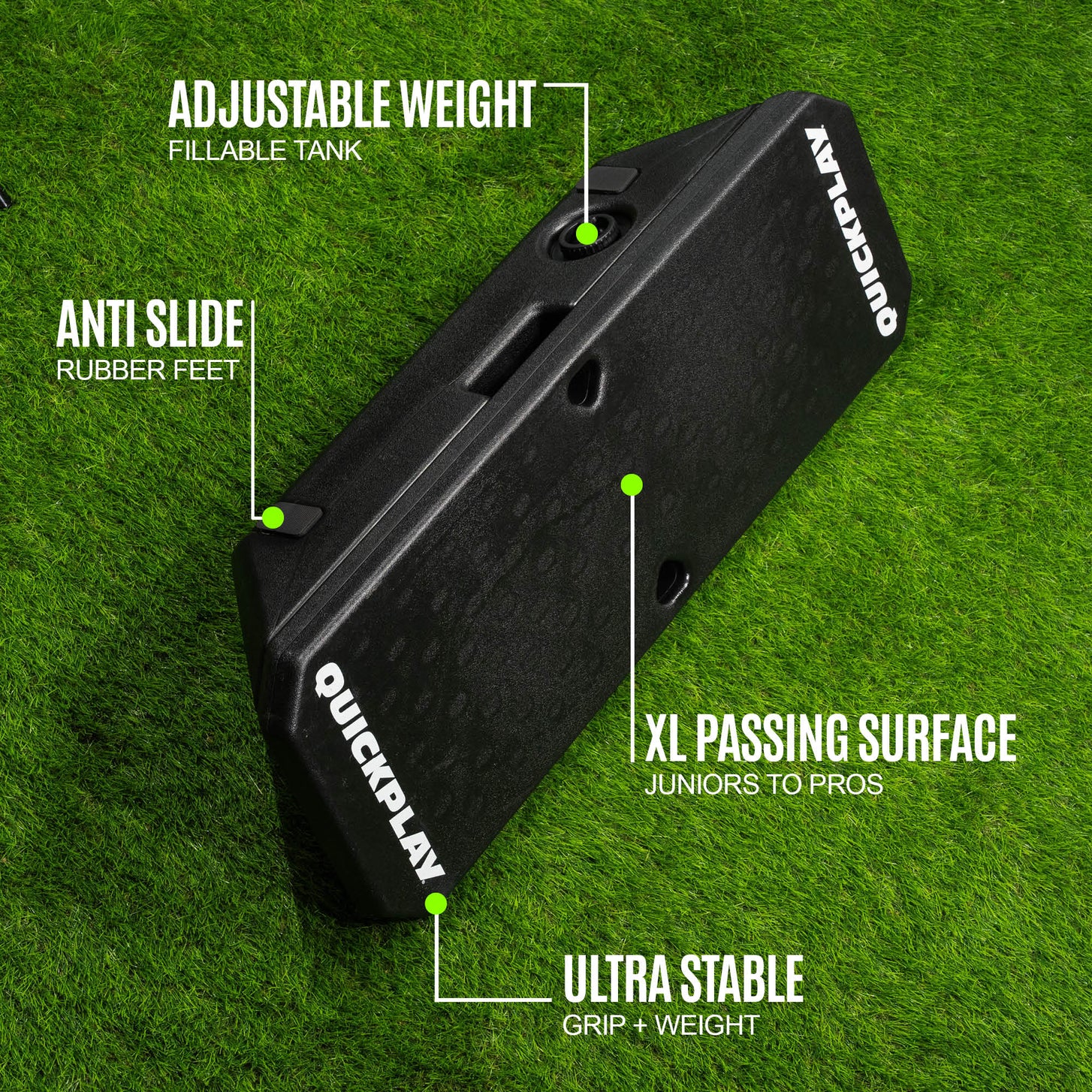 Black rebound board with features labeled on a green grass background