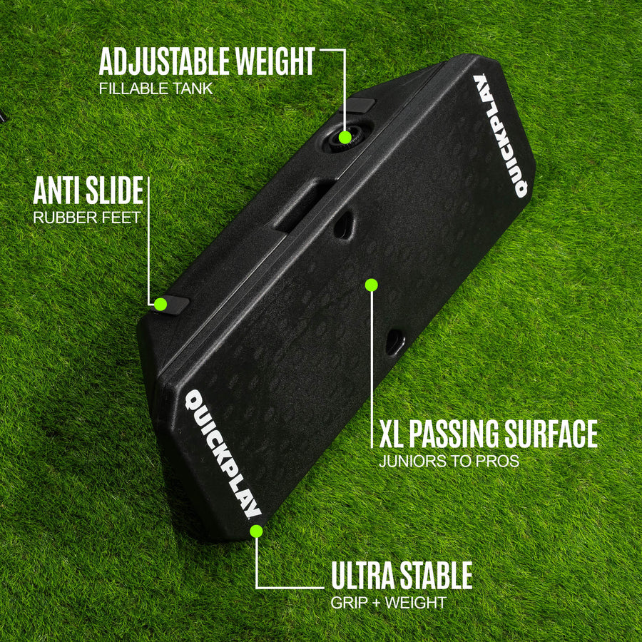 Black rebound board with features labeled on a green grass background