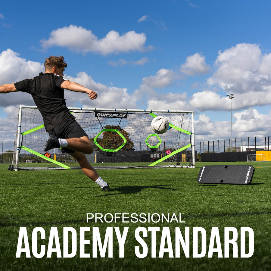 Person practicing football on a field with 'Professional Academy Standard' text overlay