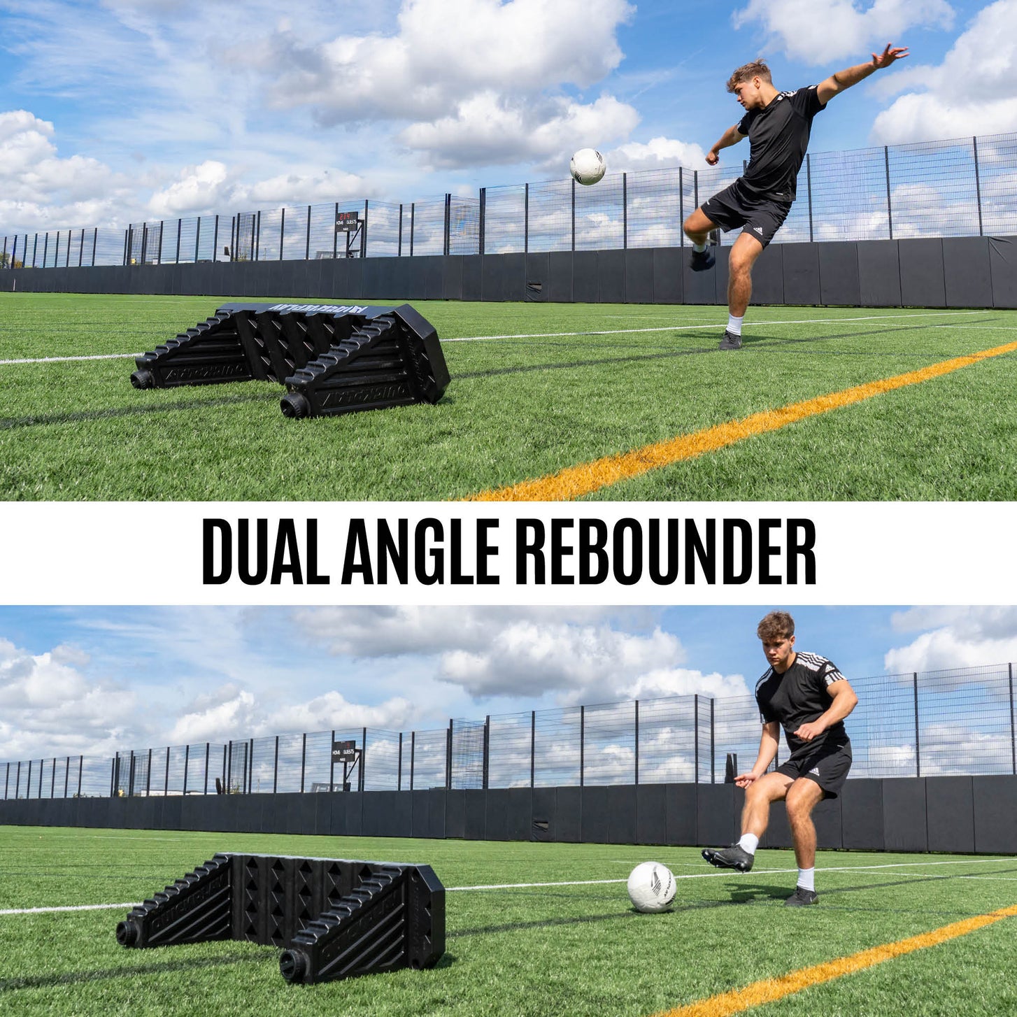 Person using a dual angle rebounder on a football field with text overlay.