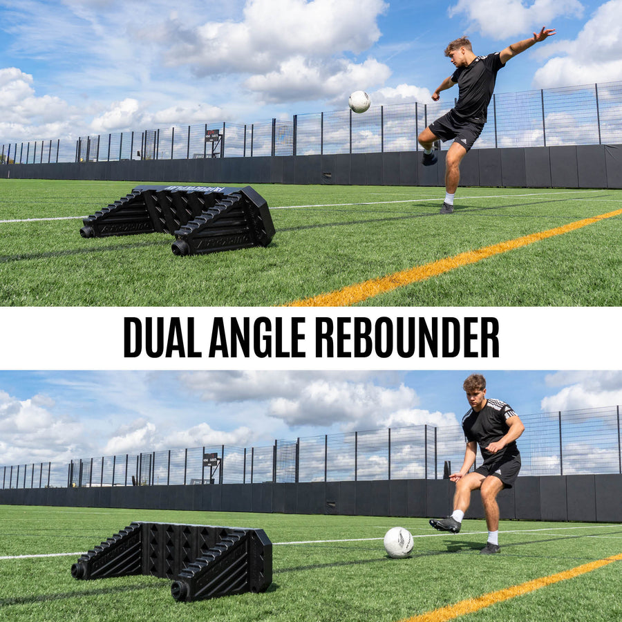 Person using a dual angle rebounder on a football field with text overlay.