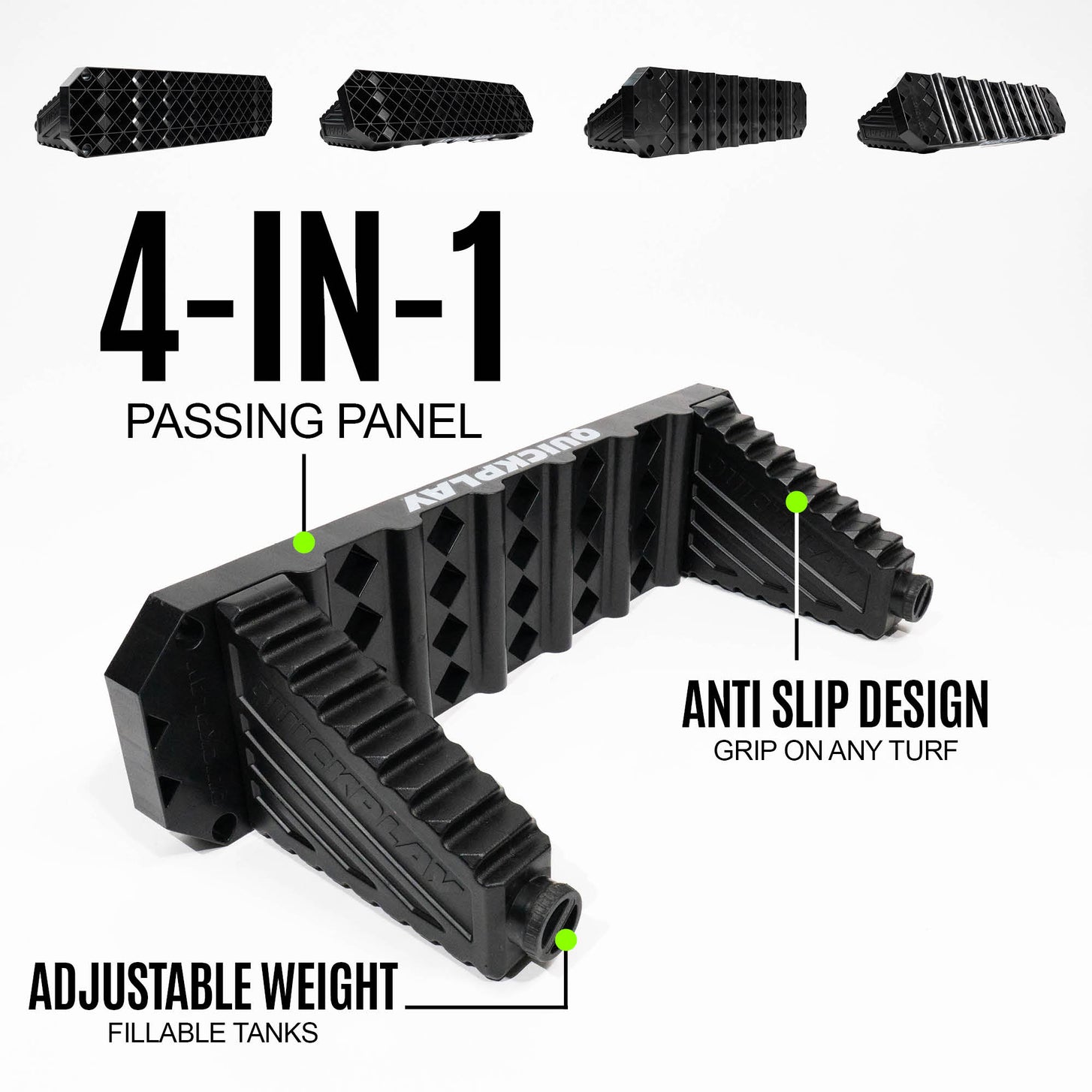 Black 4-in-1 passing panel with features highlighted on a white background