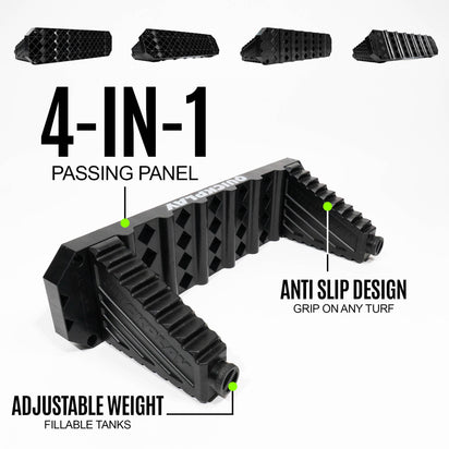 Black 4-in-1 passing panel with features highlighted on a white background