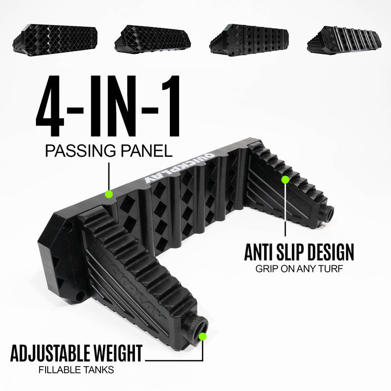 Black 4-in-1 passing panel with features highlighted on a white background