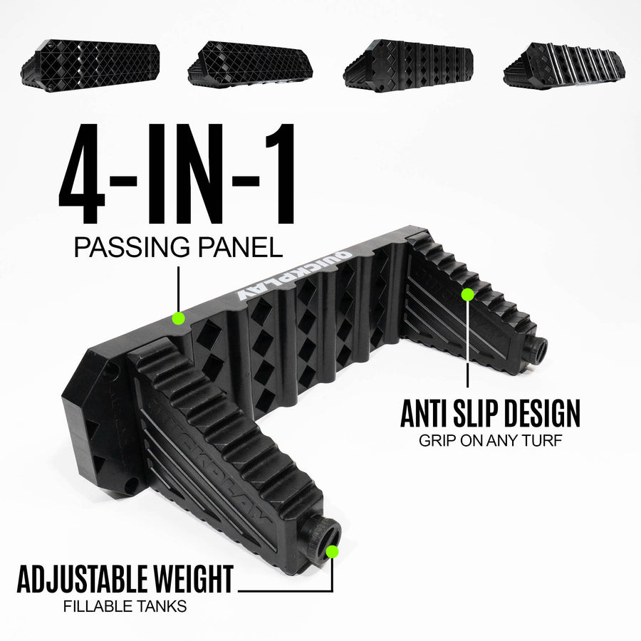 Black 4-in-1 passing panel with features highlighted on a white background