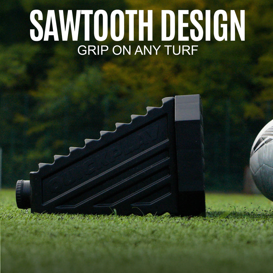 REPLAY STATION PLUS rebound board with sawtooth design on grass, text 'Sawtooth Design Grip on Any Turf' above.