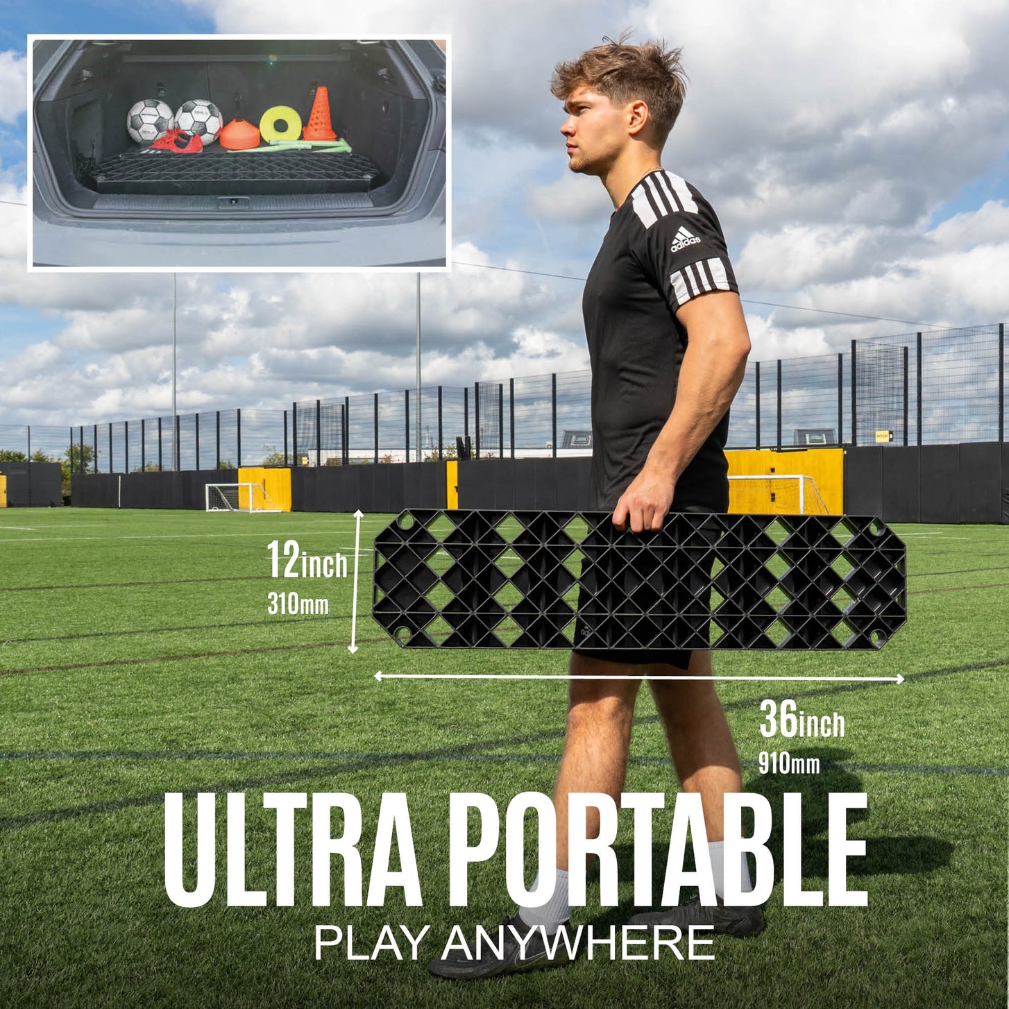 Person holding a portable football rebound board on a sports field with text 'Ultra Portable, Play Anywhere'.