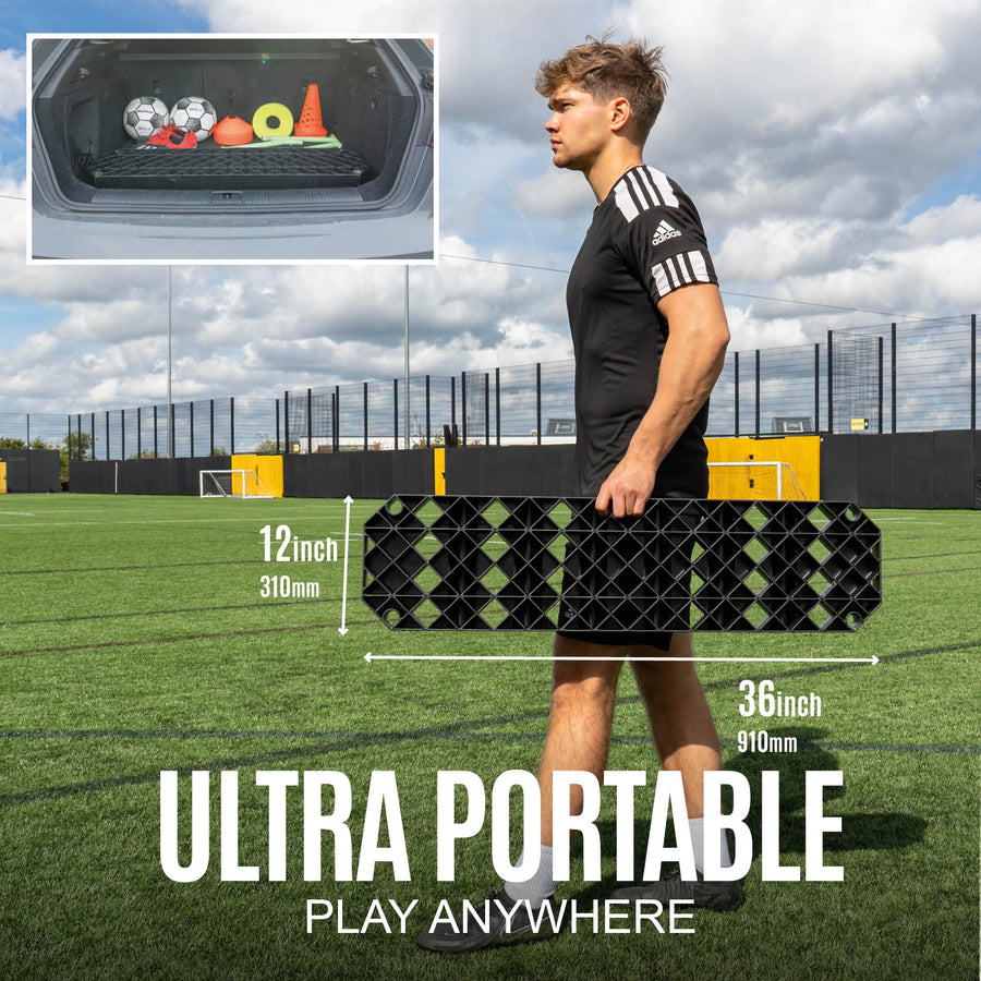 Person holding a portable football rebound board on a sports field with text 'Ultra Portable, Play Anywhere'.