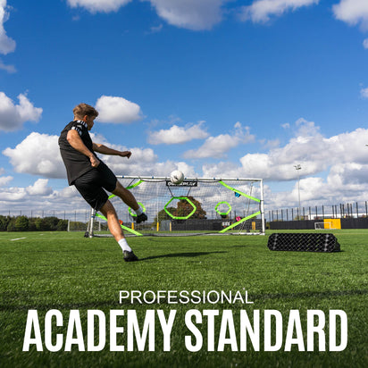 Person playing soccer on a field with 'Professional Academy Standard' text overlay