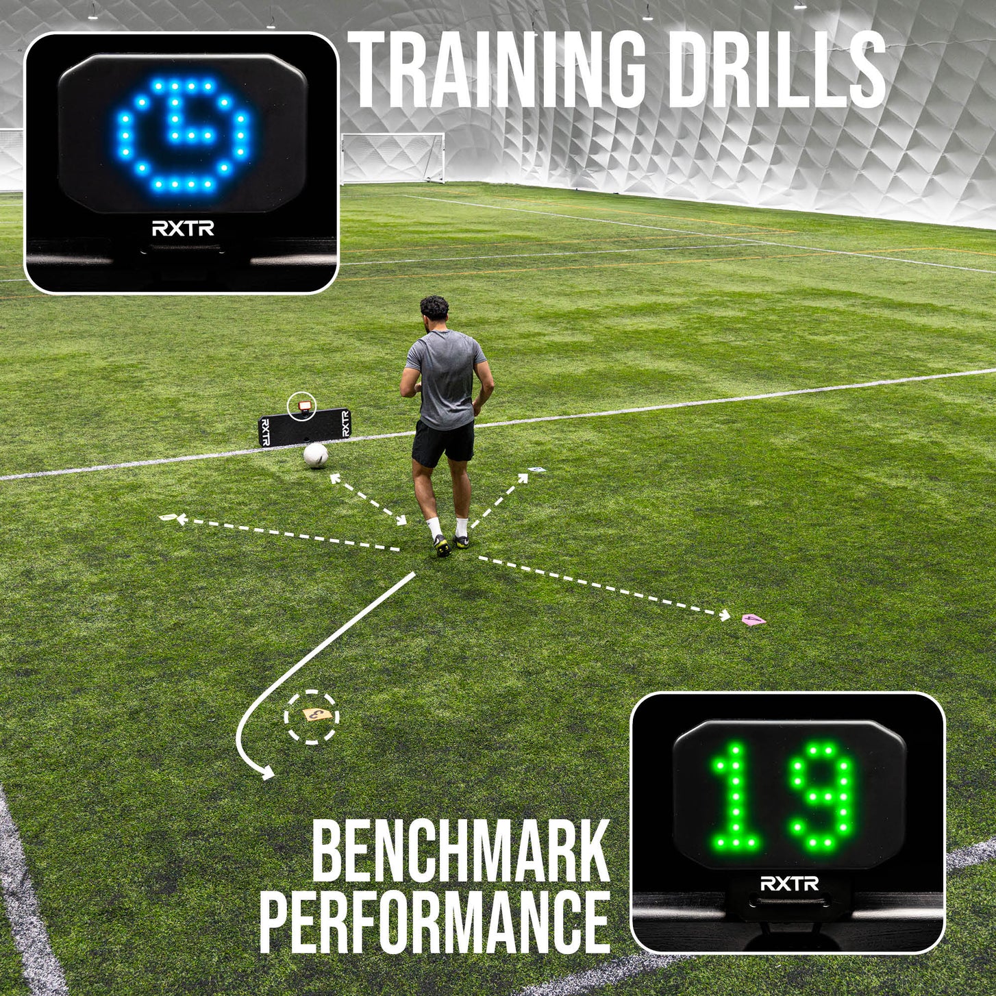 Person on a football field with training drills and RXTR equipment displayed.