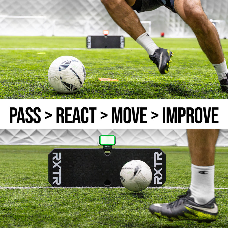 Person practicing football drills with an RXTR training device on a football field.