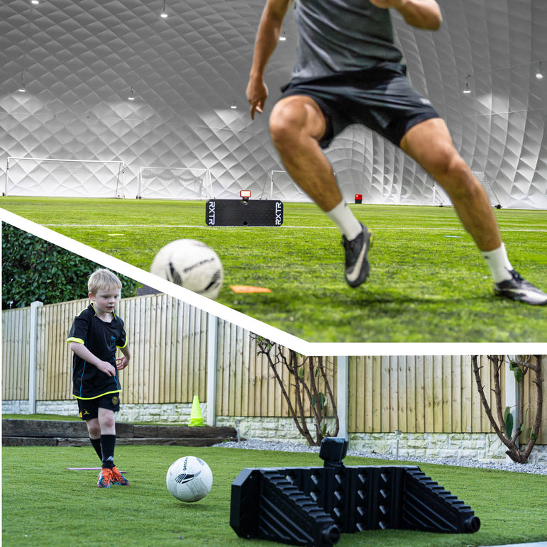 Two images of people playing football; one on a grass field with a white ball, the other with black training equipment.