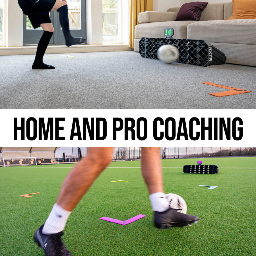 Person practicing football drills in a home setting with text overlay about coaching options using the RXTR.