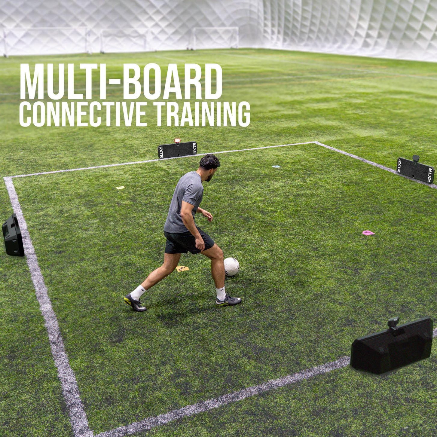 Person practicing football drills on a grass field using the RXTR with 'Multi-Board Connective Training' text.