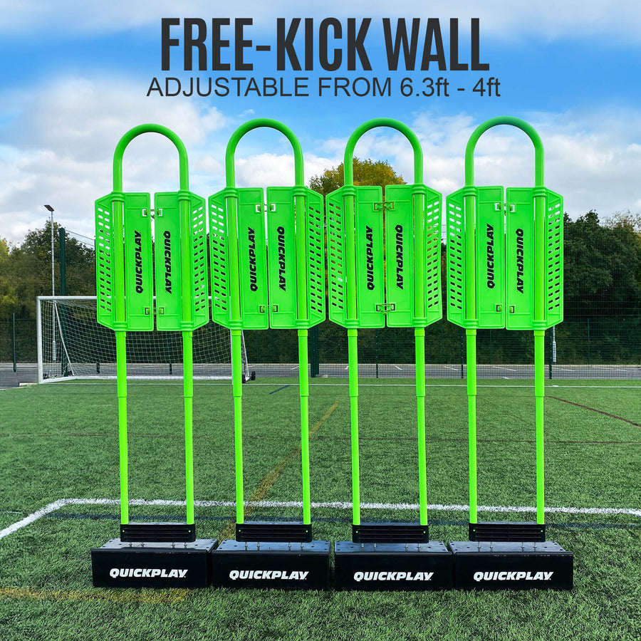 Four green REPLAY Defender mannequins in a row on black QUICKPLAY bases, with the text "Free-kick wall".