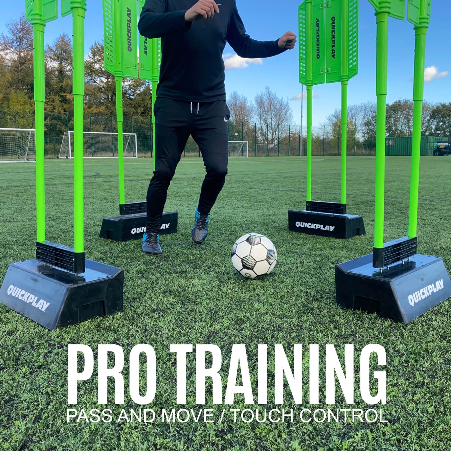 Player dribbling a ball between REPLAY Defender mannequins on an artificial pitch, with the text "Pro training, pass and move / touch control".