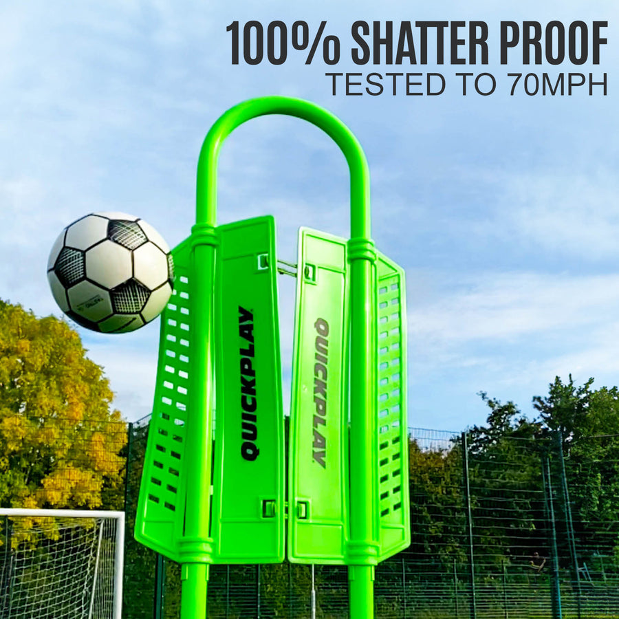 REPLAY Defender mannequin close up with a ball striking its green panels, with the text "100% shatter proof, tested to 70mph".