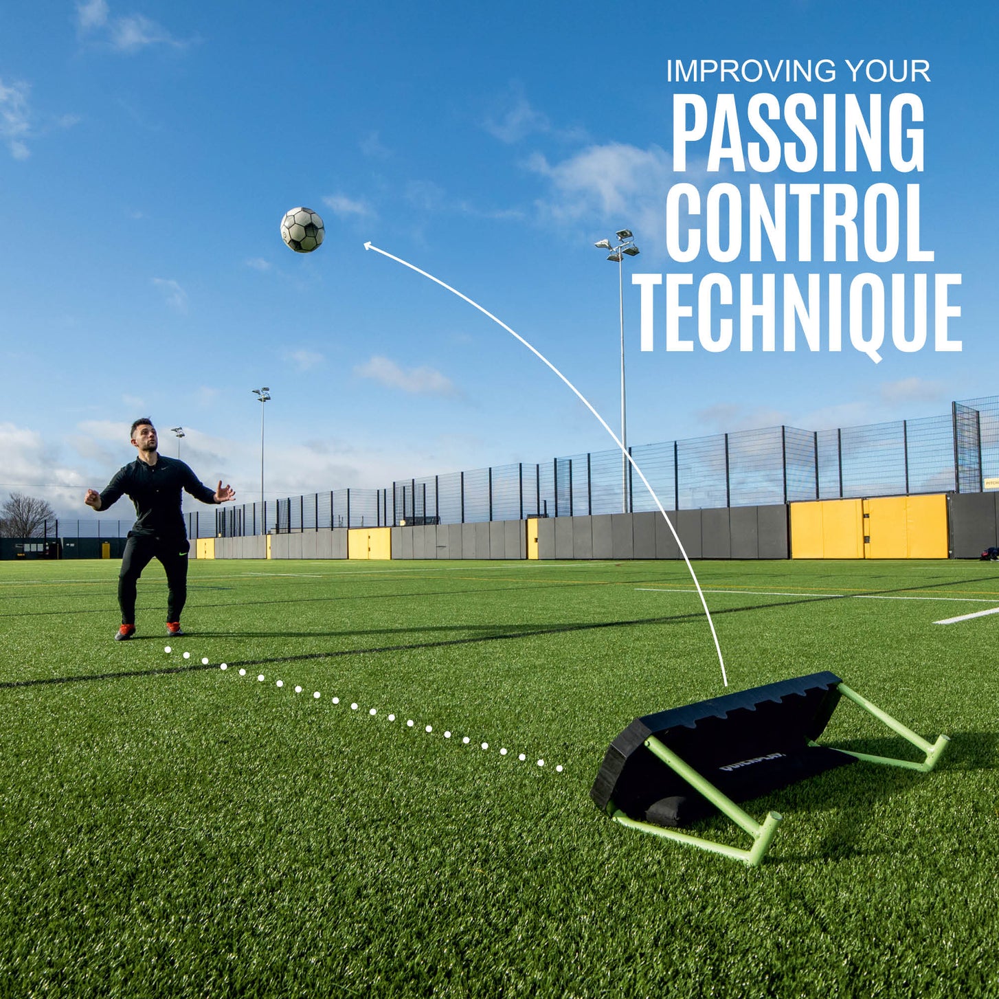 Player controlling a ball that has bounced off the REPLAY Station, with the text "Improving your passing control technique".