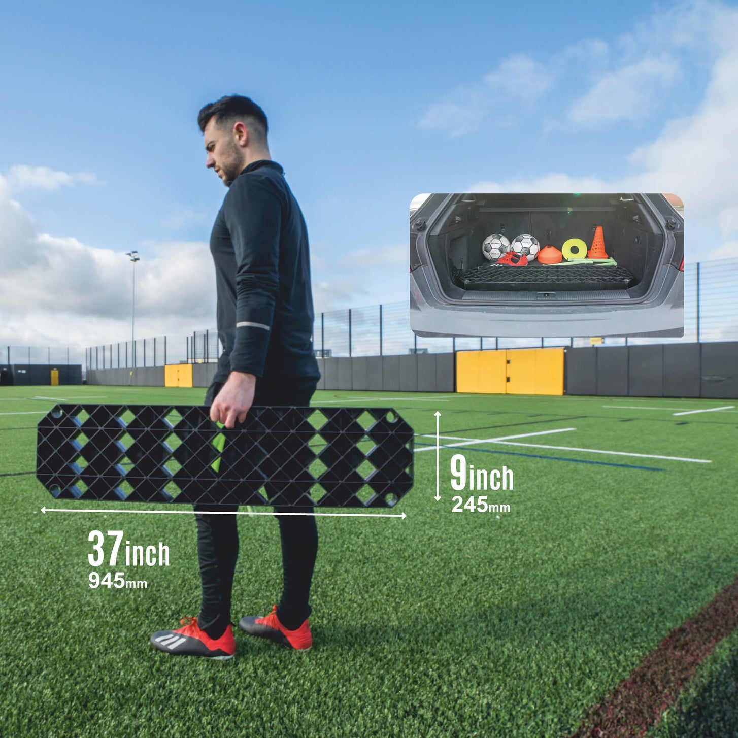 Man carrying the REPLAY Station board on a pitch, marked 37 inch (945mm) by 9 inch (245mm), with a car boot inset.