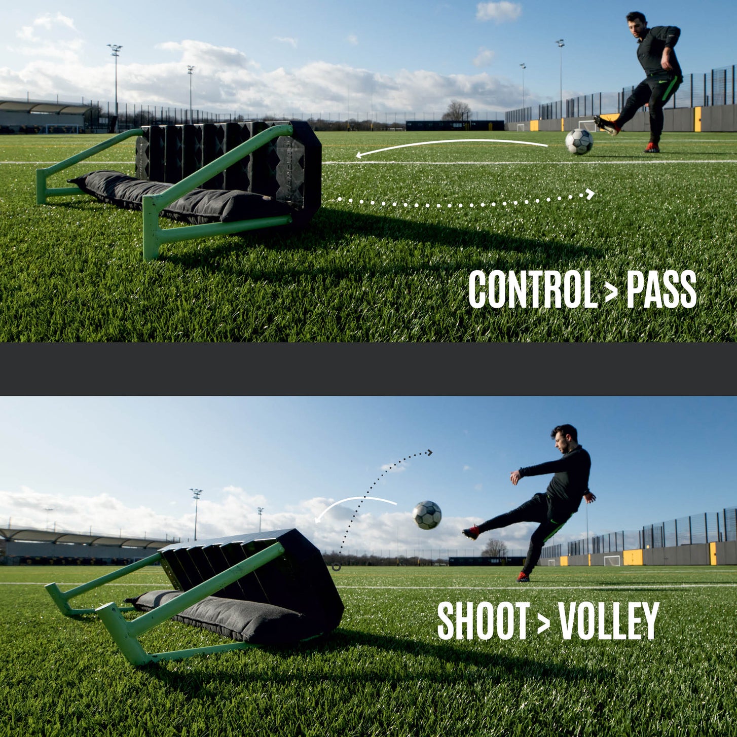 Two panels of a player using the REPLAY Station on artificial grass, with the text "Control > pass" and "Shoot > volley".