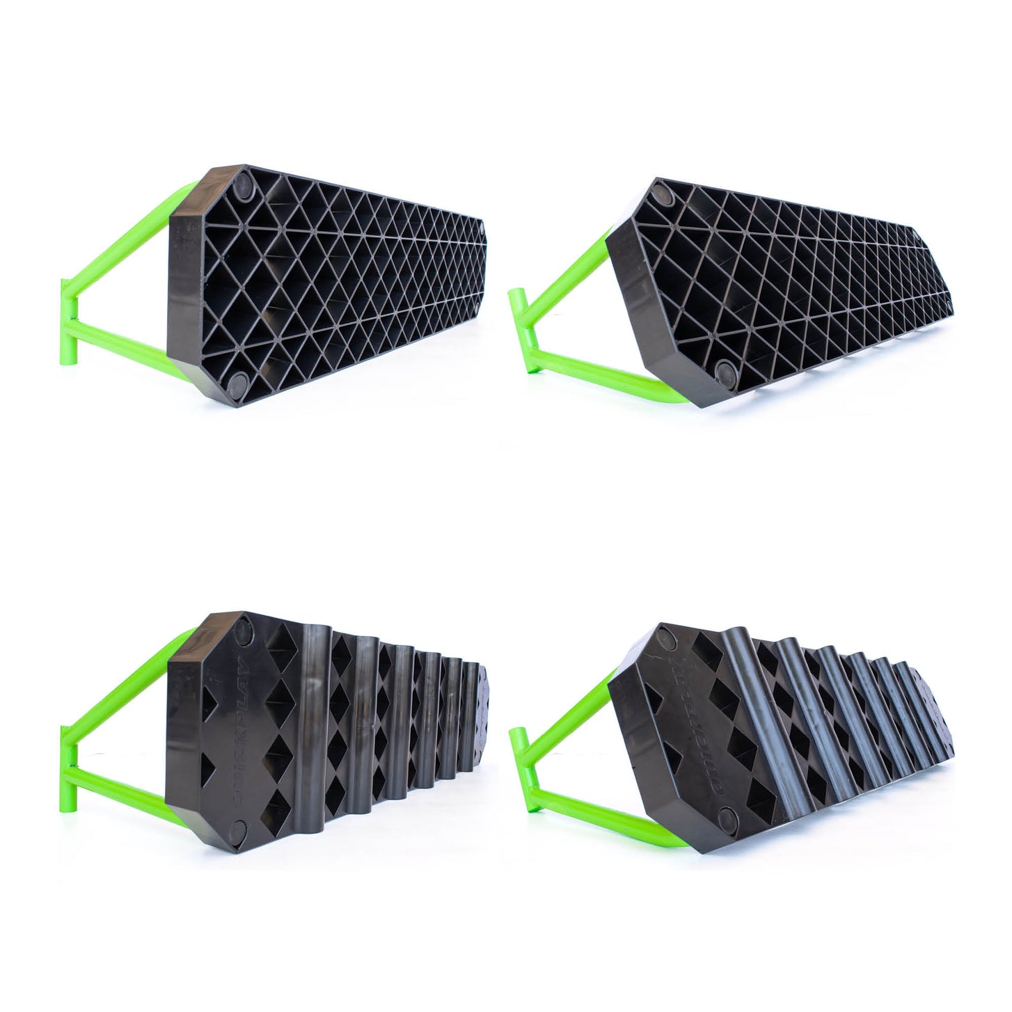 Four studio views of the REPLAY Station with its green frame, showing the flat lattice side and the raised ridged side.