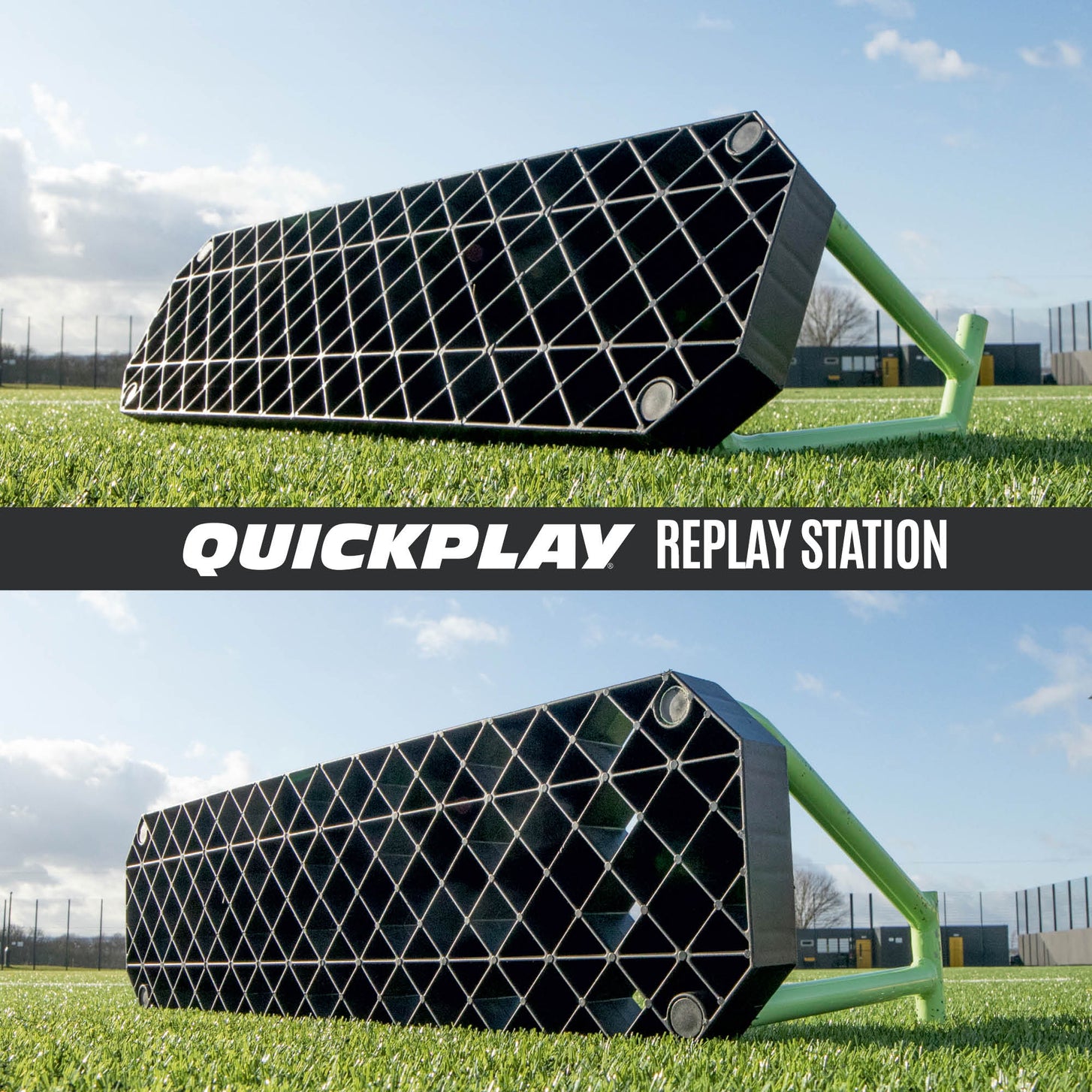 Two views of the REPLAY Station board with its green frame on artificial grass, labelled QUICKPLAY REPLAY Station.