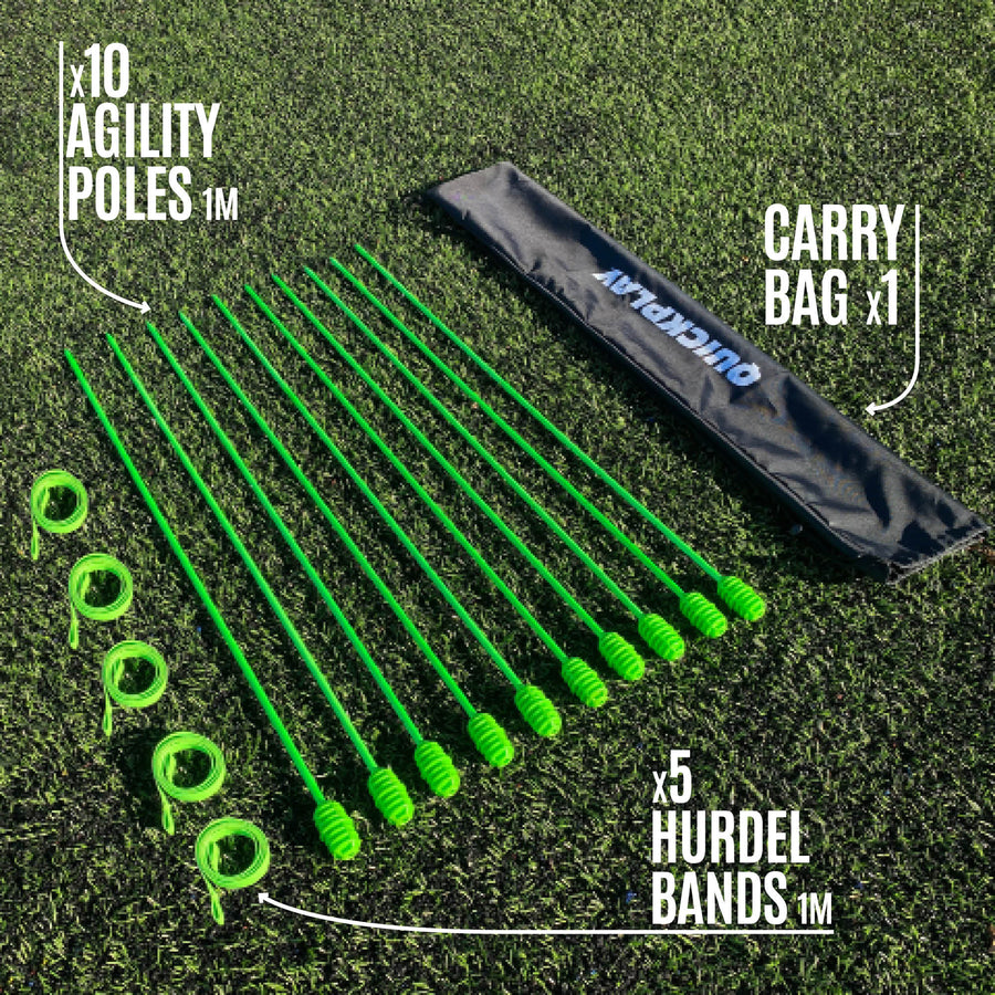 Set of agility poles with a carry bag on a grass background