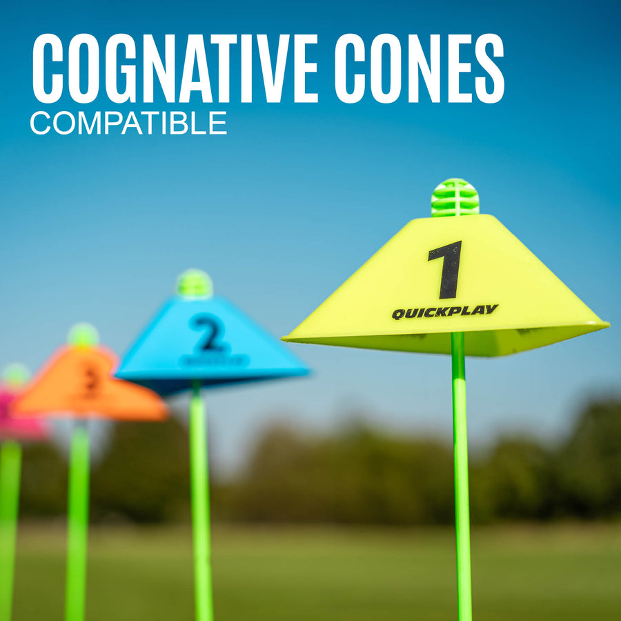 Colorful triangular cones with numbers on green poles against a blue sky.