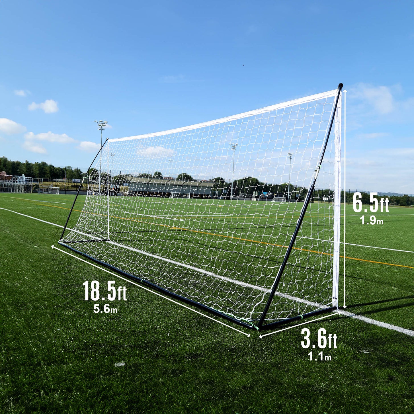 KICKSTER Elite 18.5x6.5' goal size chart on an artificial pitch: 18.5ft (5.6m) wide, 6.5ft (1.9m) high, 3.6ft (1.1m) deep.